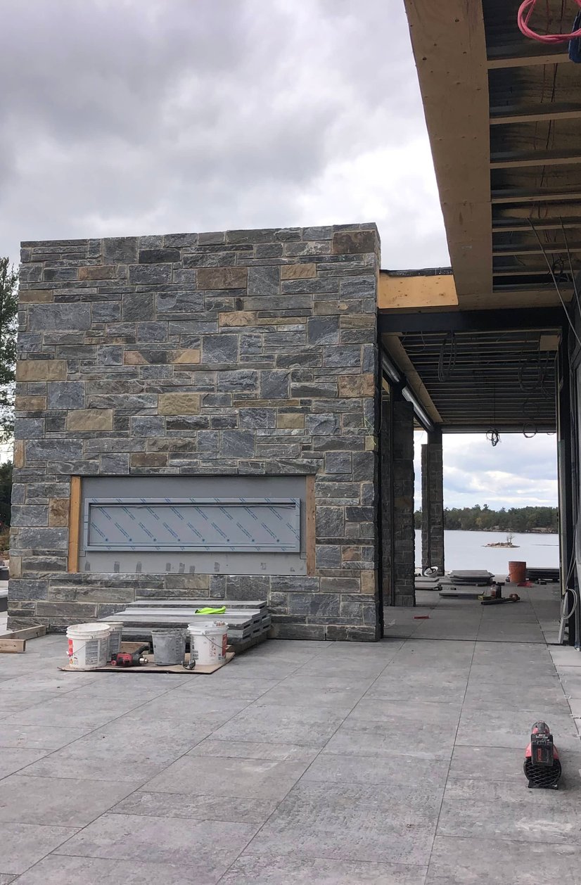 natural stone fireplace at Hill Island