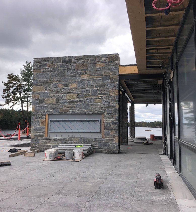 natural stone fireplace at Hill Island